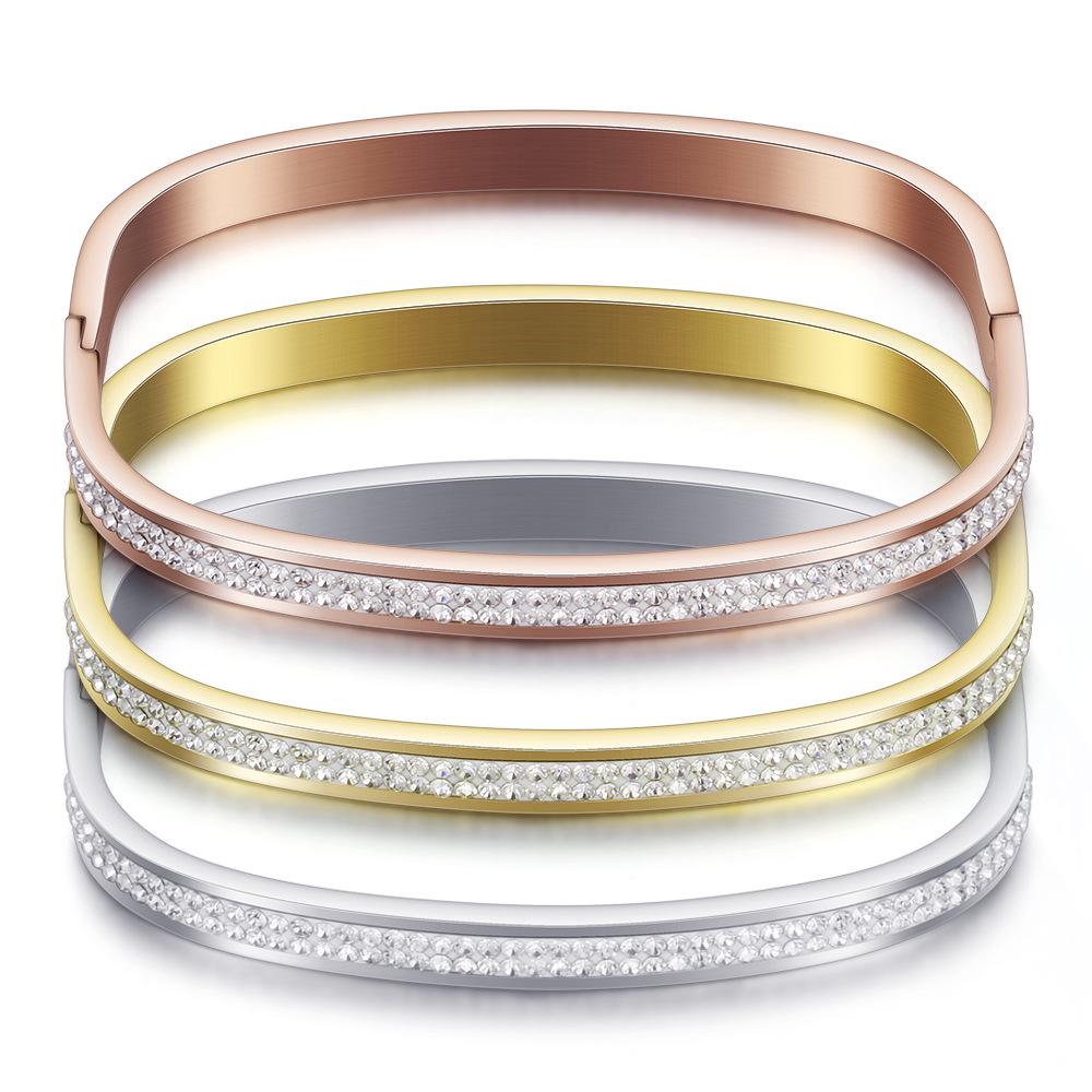 Women's Square Bracelet 6mm Open 2 Rows Inlaid Zircon Geometric Titanium Steel Bracelet