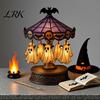 Retro European Pattern Lamp Ghost Carousel Light, Halloween Night Gothic Stained Glass Shade Tabletop Decor with Floating Ghosts/Pumpkins, Spooky