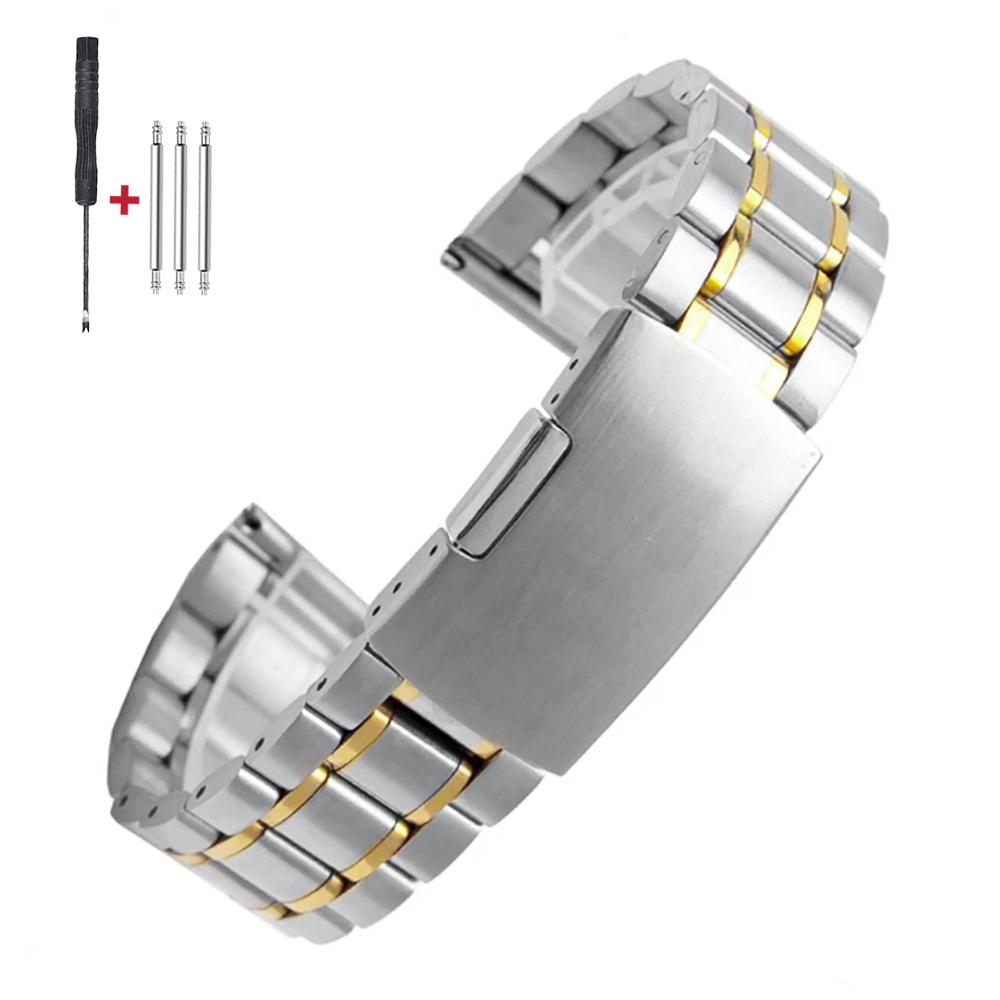 16mm 18mm 20mm 22mm 24mm Straight Curved End Stainless Steel Watch Band Silver Gold Black Metal Folding Clasp Bracelet with Tool