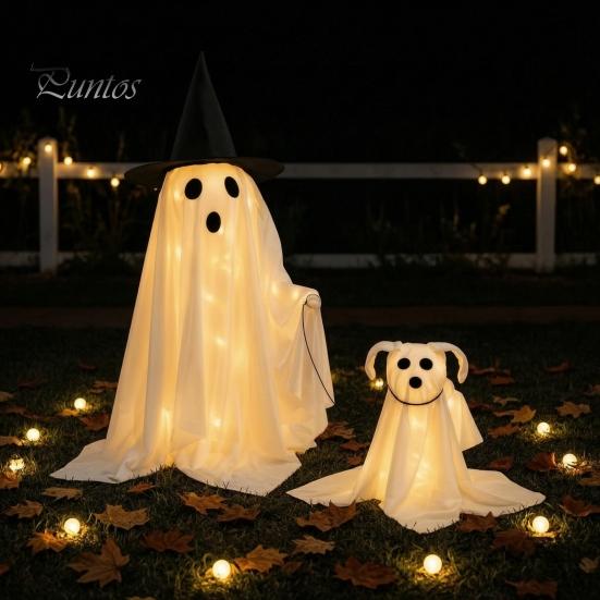 DIY Hanging Ghost Props Halloween Walking Dog Decor with LED String Light, Spooky Glowing Yard Lawn Ornaments Puppy for Outdoor Home, Holiday