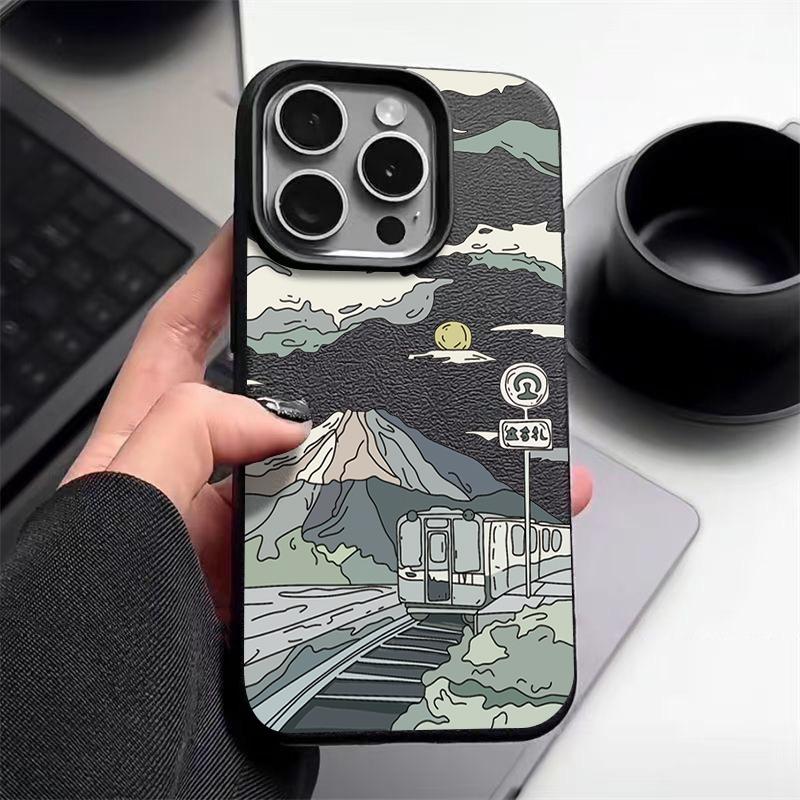 

Матовый тонкий чехол для телефона с горным узором для iPhone 16 17 Pro Max 15 Pro 14 13 12 11 17 с текстурой кожи, противоударный, с мягким TPU бампером iPhone 17 Pro чёрный