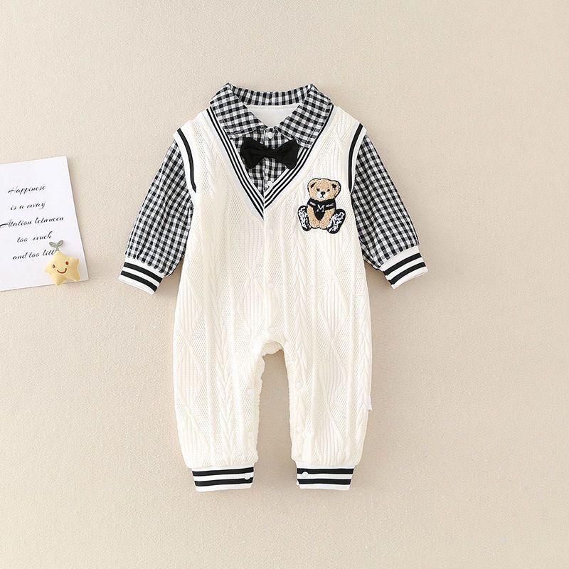 Baby Boys' and Girls' Long-Sleeve Gentleman Bear Knitted Two-Piece Bodysuit for Spring and Autumn