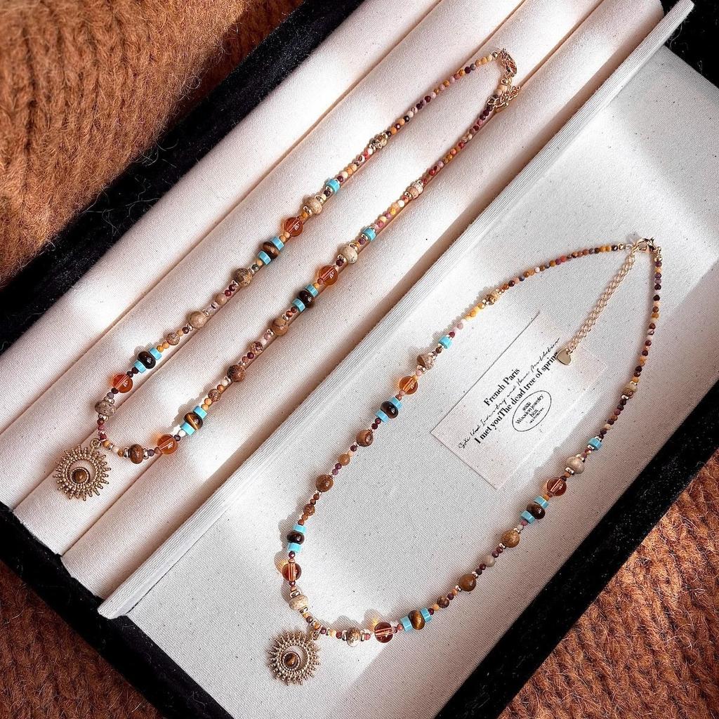 Titanium Steel Natural Stone Rice Beads Sunflower Beaded Necklace New Chinese Retro Collarbone Chain Light Luxury Cold Wind Necklace Decoration Women