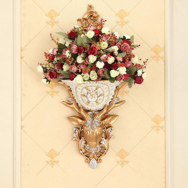 European Resin Deer Head Wall Vase Fake Flower Planter Wall Hanging Ornaments Home Living Room Porch Wall Mural Decor Crafts