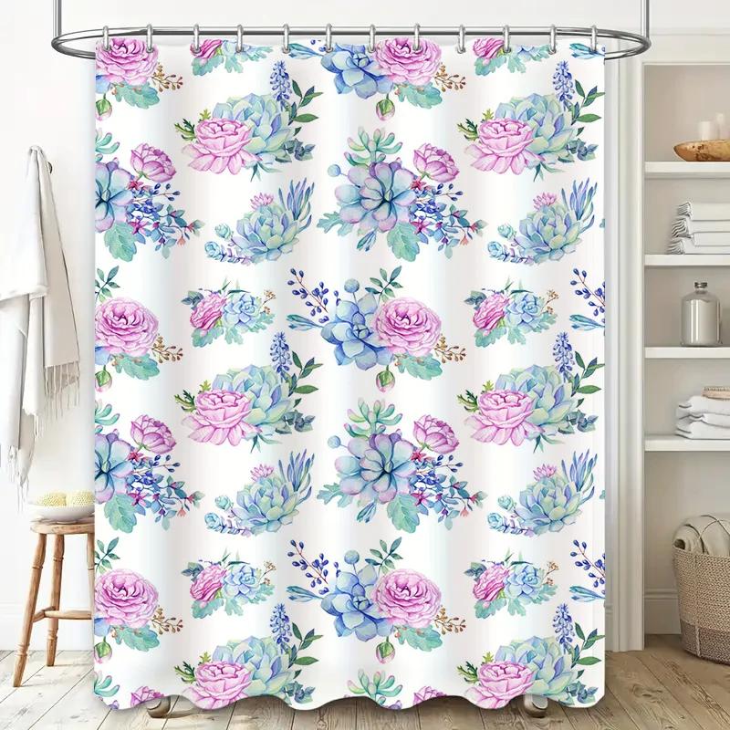 Floral Shower Curtain Pink Flowers Bath Decor Waterproof Fabric with Hooks for Bathroom Decoration Set Watercolor Style White Ba