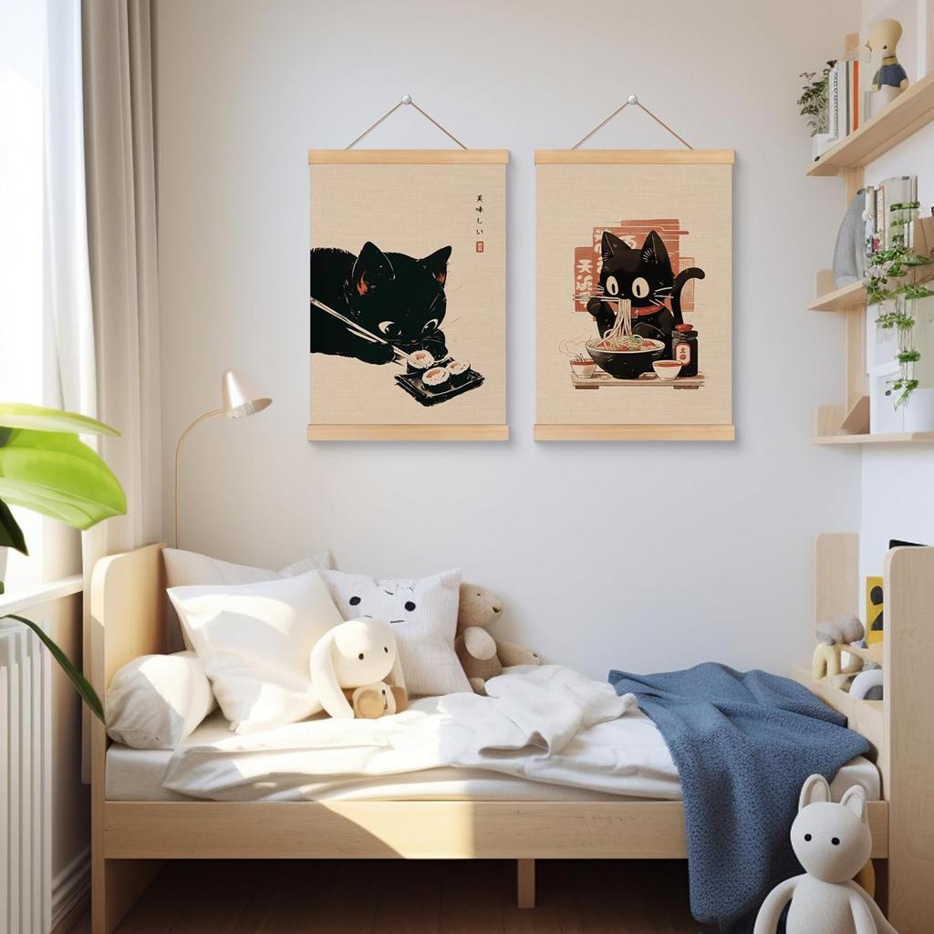 ROXMART Vintage Japanese Sushi Black Cat Poster Hanger Frame, Retro Edo Period Ramen Sushi Cat Wall Art Prints Decor for Kitchen Restaurant Home