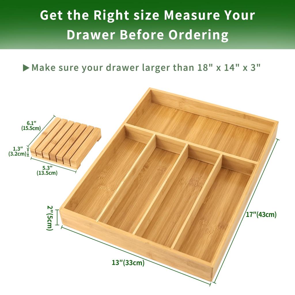VaeFae Besteck-Organizer aus Bambus, Schubladen-Geschirrhalter, Besteckkasten aus Holz mit Trennwänden für Küchenschubladen, Küchen-Organizer mit Messerblock
