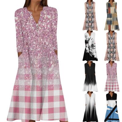 Women's Summer Casual V-Neck Button Retro Geometric Print Three-quarter Sleeve Long Dress With Pockets
