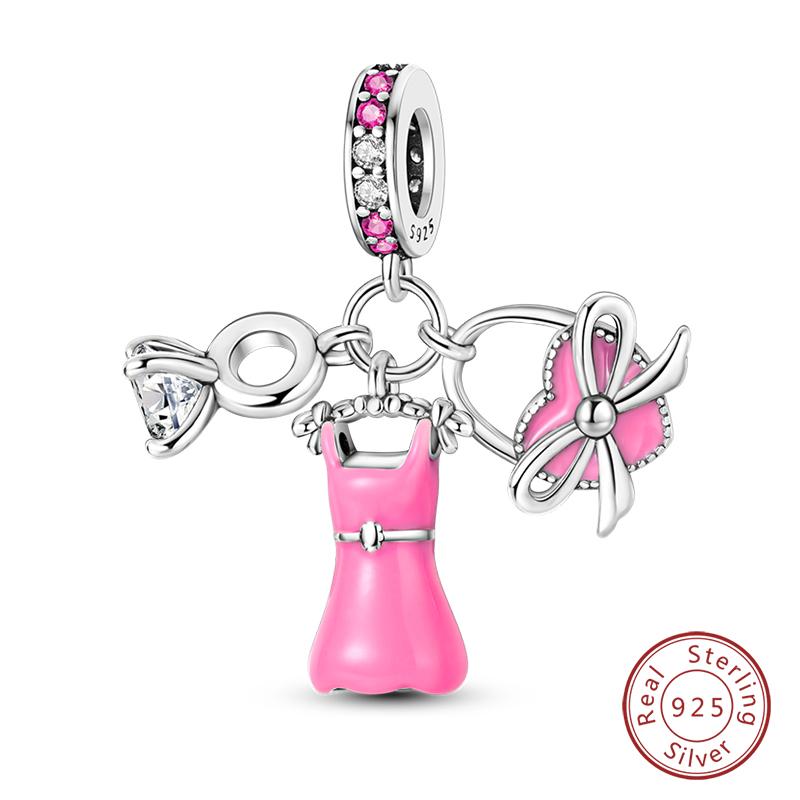 Sweet Romantic Princess Charms S925 Silver Pink Dress Lipstick High Heels Perfume Beads 3mm DIY Fine Jewelry Accessories