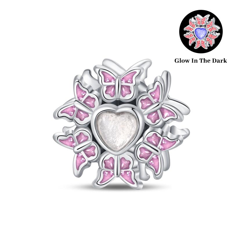Spring Copper Pink Luminous Butterfly Flowers Charms Beads Fit 3Mm Original Bracelets Fine Diy Jewelry Birthday Gift