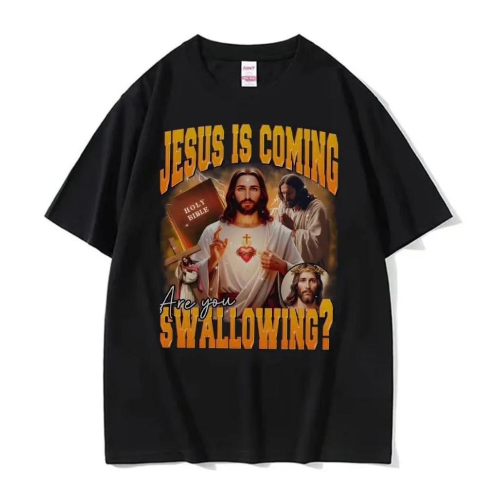 2026 New Funny Jesus Meme 100%cotton Men's Shirt Vintage O-Neck Short Sleeve Harajuku Women's Summer Fashion Oversized Tshirt