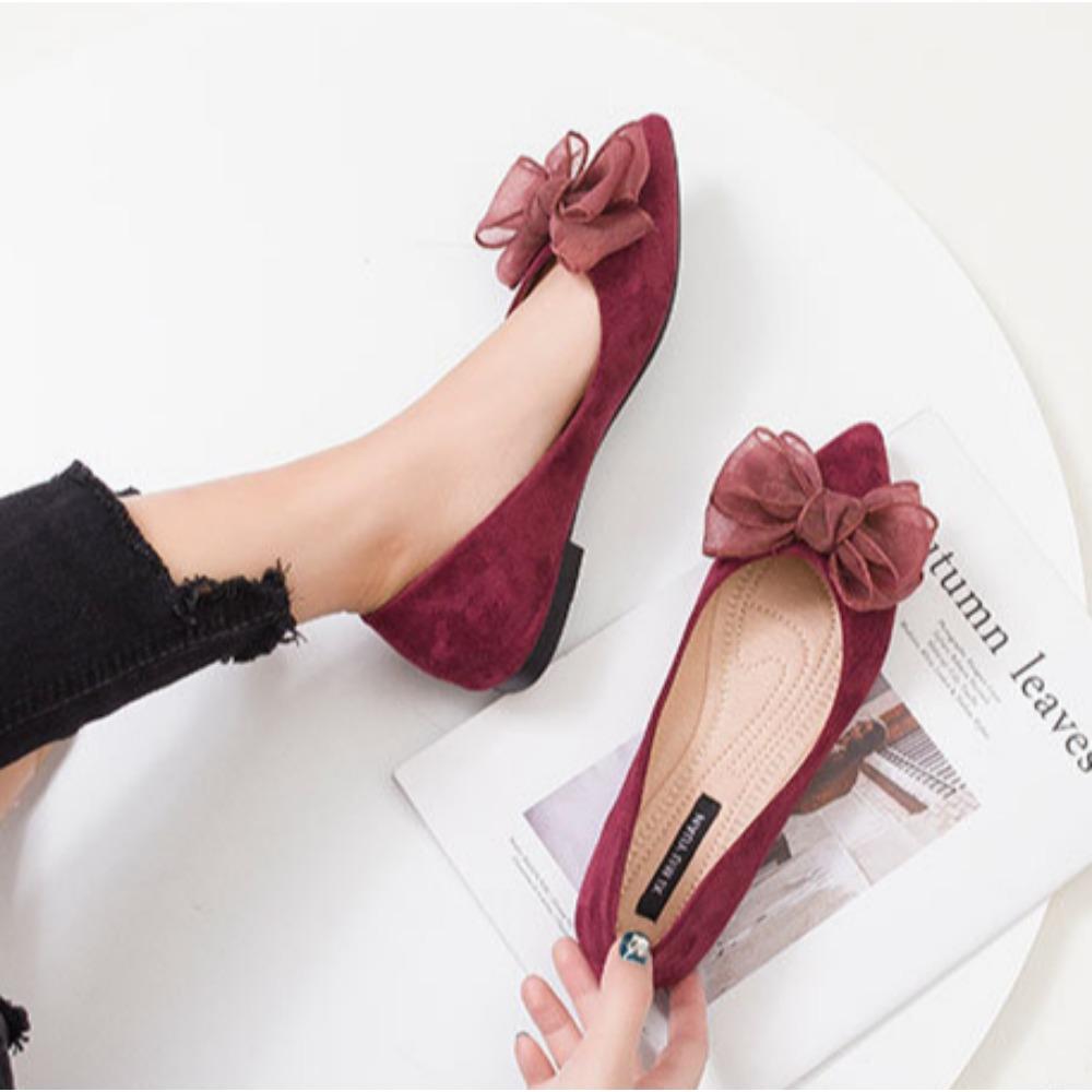Fashion Flat Shoes for Women Spring New Shallow Bow Single Shoe Pointed Suede Flats Shoe Soft Soled Oversized Women's Shoes Ladies Pumps