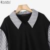 ZANZEA Women Casual Turn Down Collar Stripe Patchwork Half Sleeve Blouse
