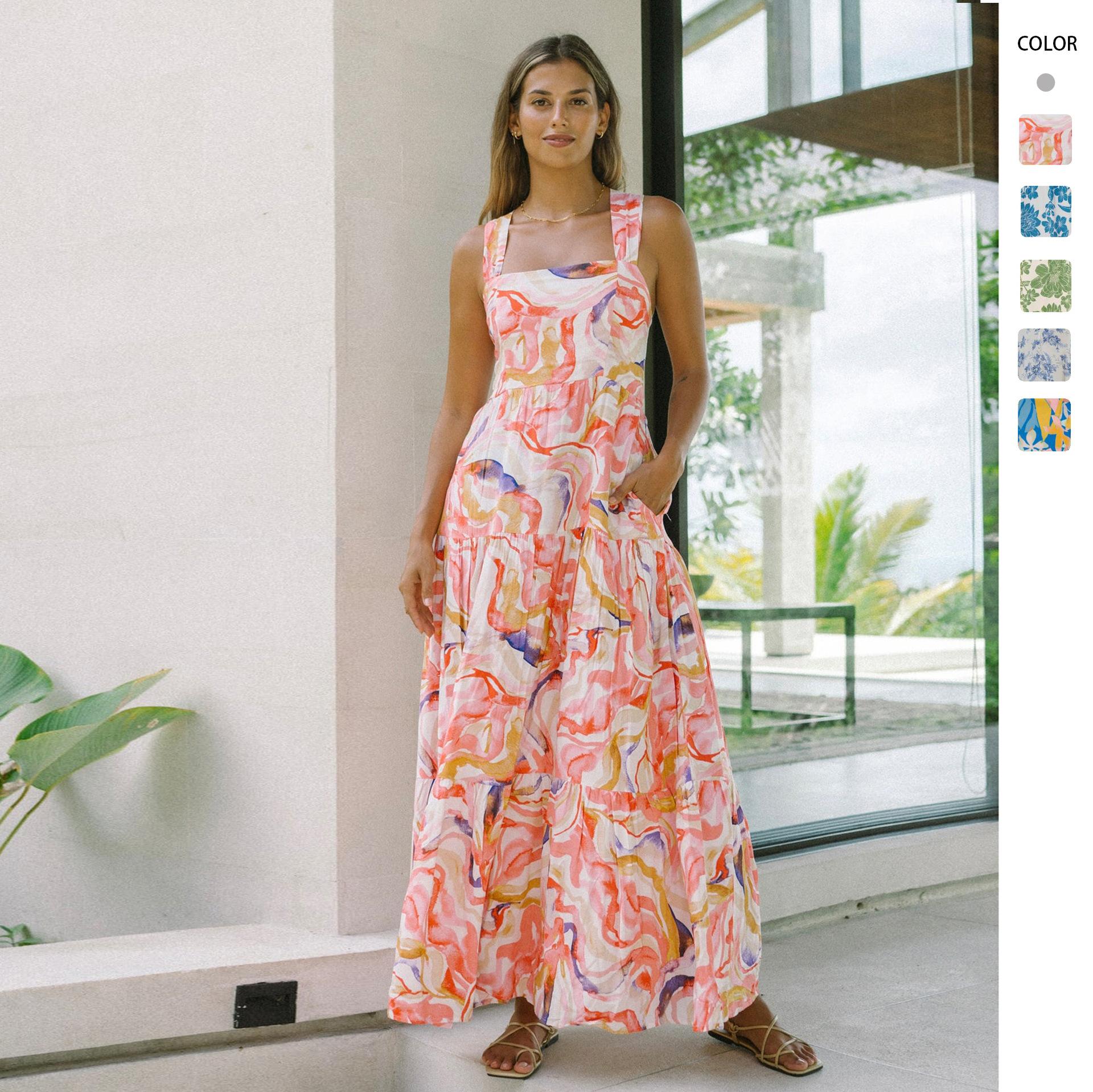 

Women s Floral Print Layered Chiffon Maxi Dress with Spaghetti Straps, Summer Beach Dress, Boho Long Dress S синій