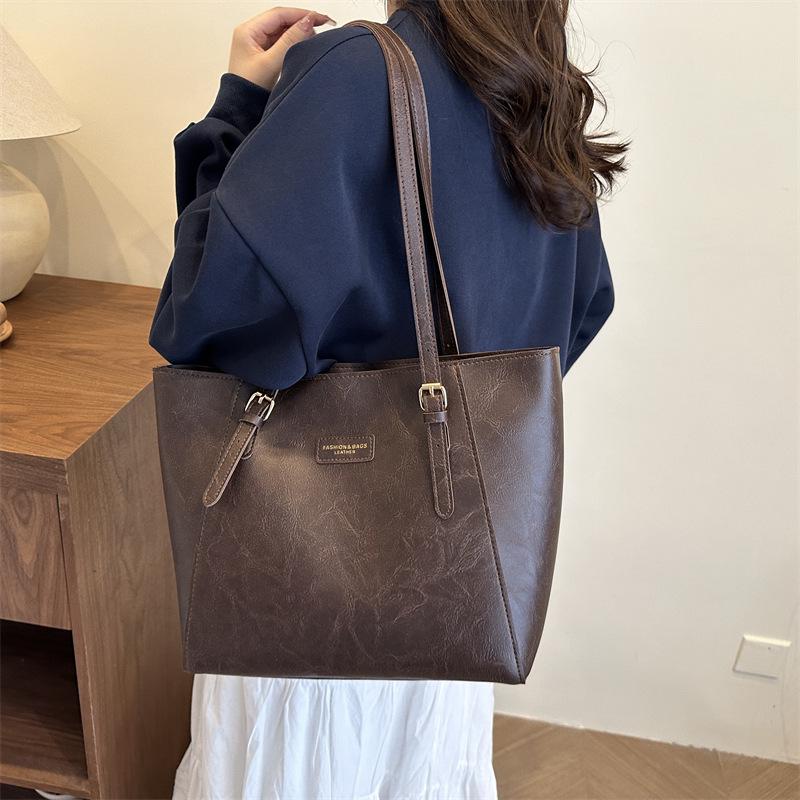 2025 Retro Korean Style Chic Large Capacity Solid Color Womens Shoulder Tote Bag