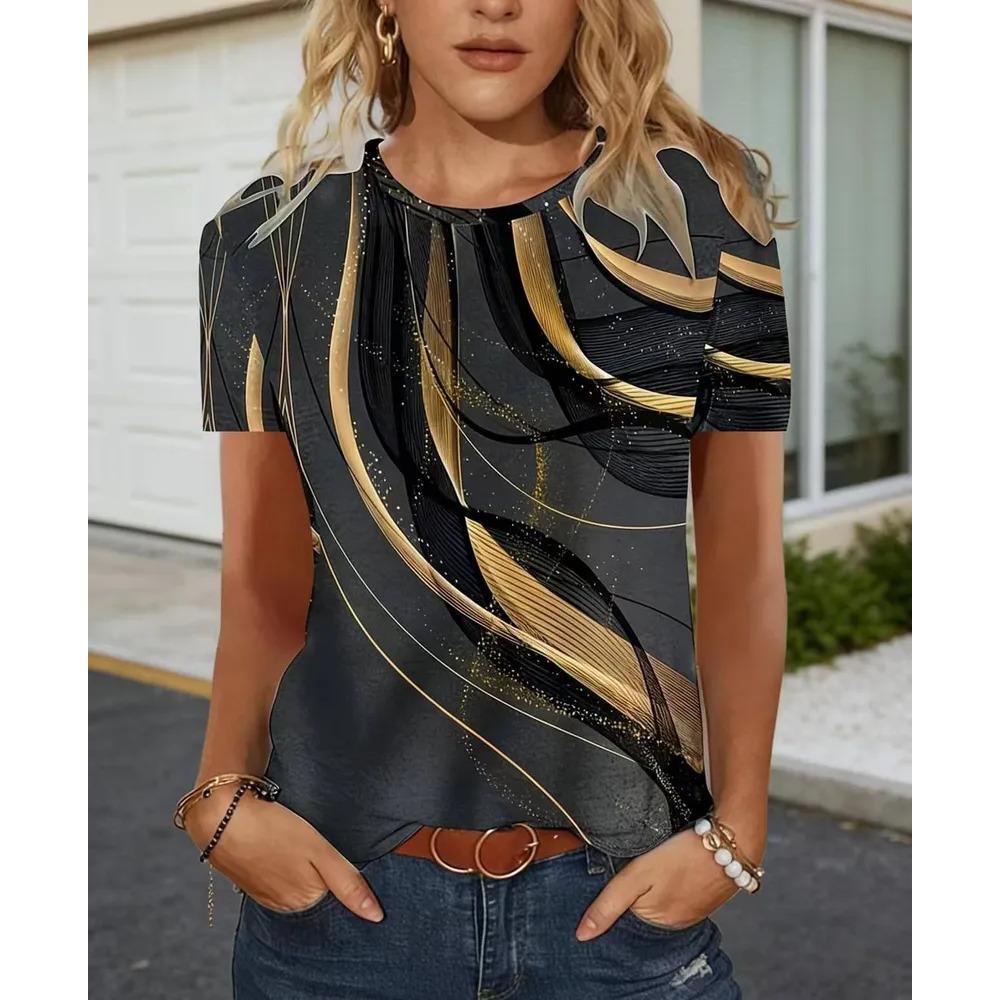 Fashionable Casual Round Neck Short Sleeved T-shirt Soft Comfortable Vintage Loose Colorful Creative Grid Stripes 3d Printed Women's T-shirt