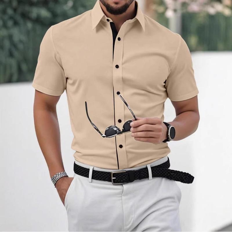 New Summer Men Clothes Spell Color Short Sleeve Shirt Men Lapel Fashion 100% Polyester Shirt Tops
