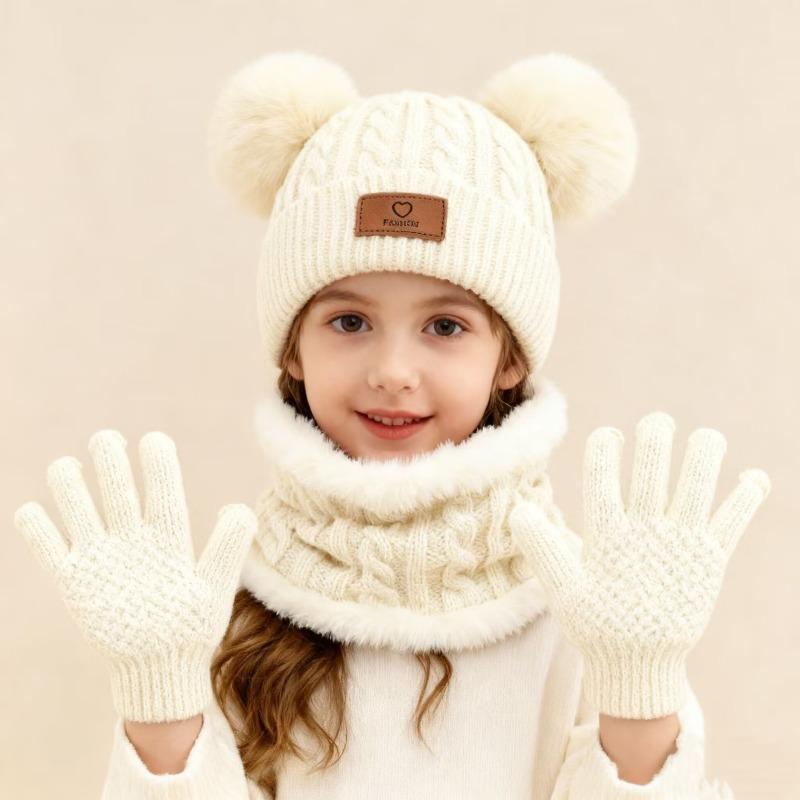 

3 шт./компл., детская зимняя теплая двойная вязаная шапка, шарф, перчатки для мальчиков и девочек, теплый и холодостойкий костюм 51-56cm белый