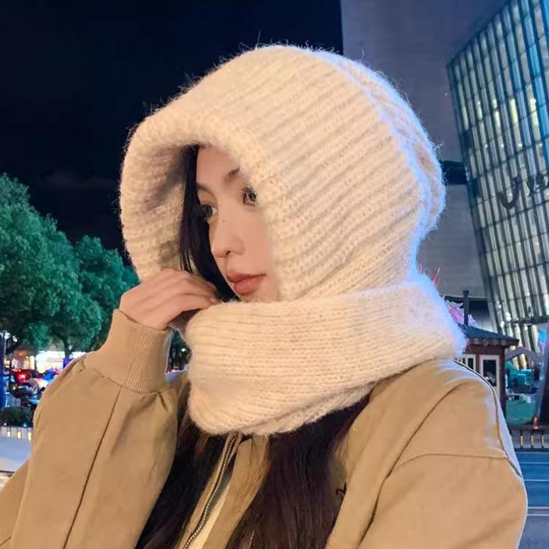 Plush Soft Winter Beanie, Neck and Face Mask Comfortable Ear Protection One-piece Hat Scarf, Ladies Thick Warm Riding Hat