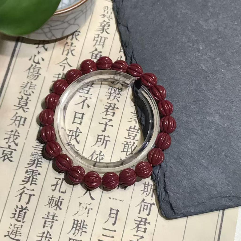 Cinnabar Fortune Gourd Bead Bracelet - Faceted Old Style Wealth Charm for Benmingnian