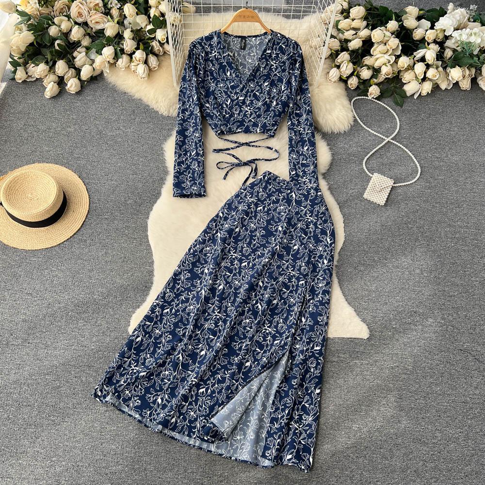 Women Vacation Bohemian Two Pieces Suits Summer Lace Up Top Split Long Skirt Sets
