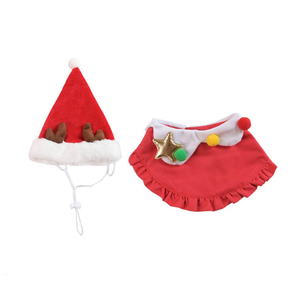 Adjustable Pet Neck Collar Dog Cat Holiday Costume Festive Christmas Cat Costume Set with Santa Hat Bib for Small for Xmas
