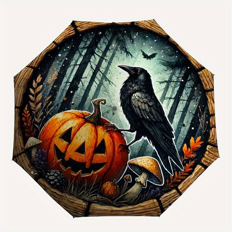 Halloween Pumpkin and Raven Wall ArtUmbrella, Portable 3-Fold Compact Umbrella for Men & Women Gift