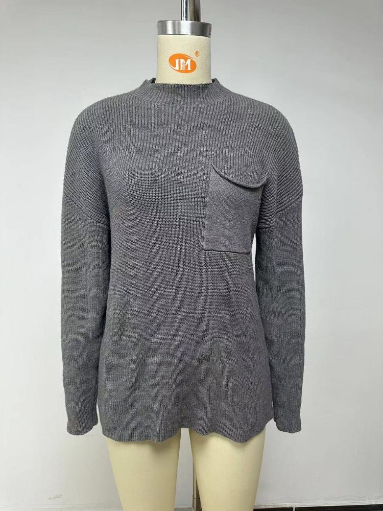 Autumn Winter Jumper Women Round Neck Long Sleeve Pocket Knit Sweater Lazy Jumper Blend Office Comfortable Versatile Undercoat Long Sleeves Sweater