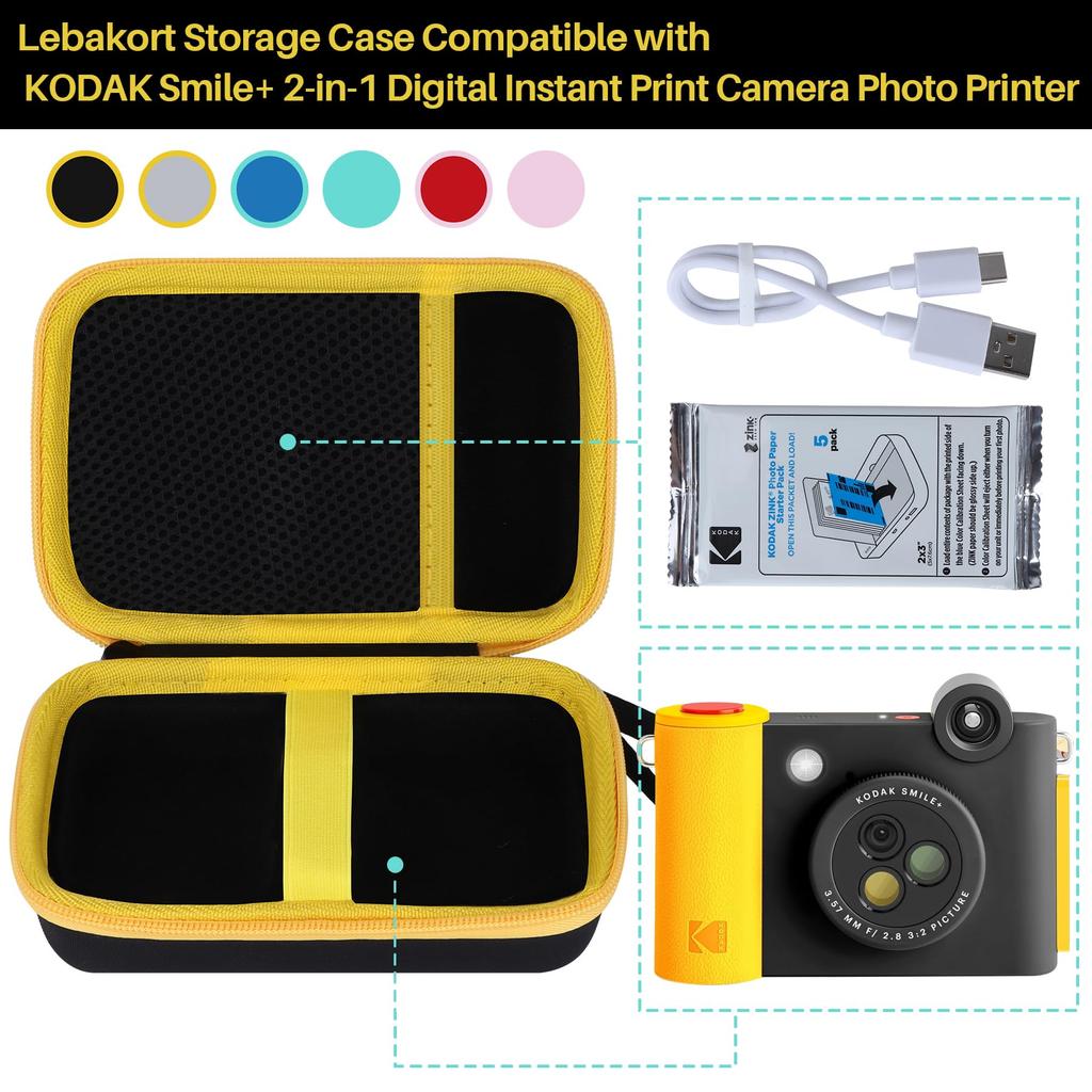 Lebakort Storage Case Compatible with Kodak Smile+ 2-in-1 Digital Instant Print Camera & Photo Printer (Black/Yellow Case)