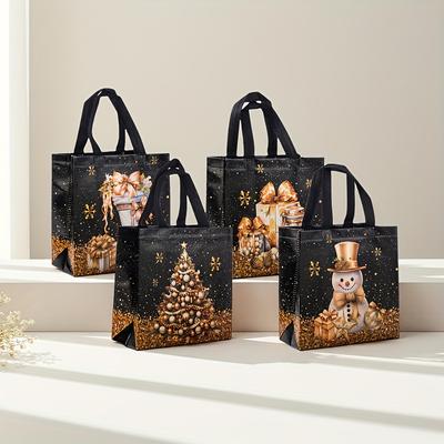 12/20pcs Festive Christmas Gift Bags - Snowman, Tree & Stocking Design, Black & Golden with Handles, Christmas Gift Bags
