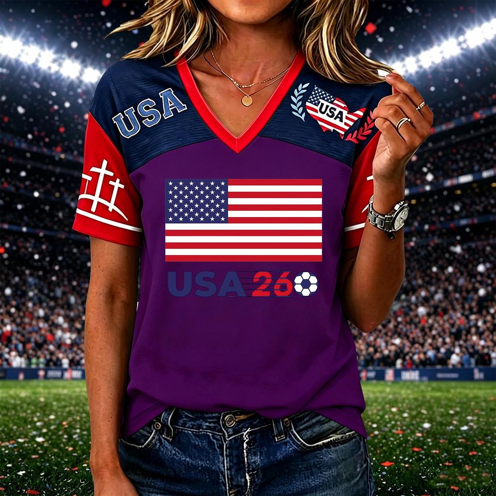 Womens Casual Short Sleeve Soccer Print V Neck Pullover Top Lightweight Breathable Soft Fabric Comfortable Fit