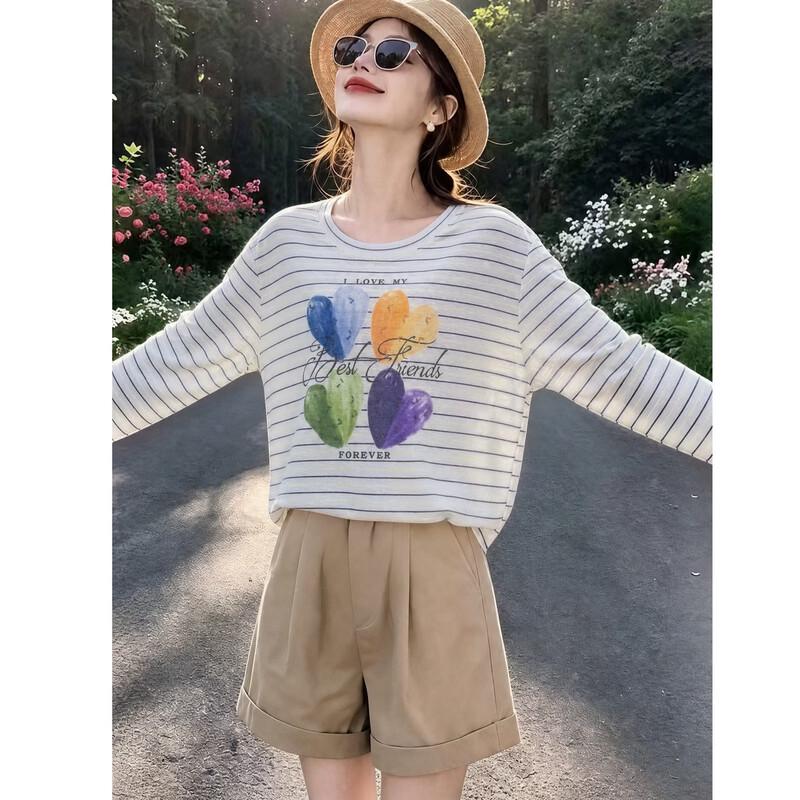 Demana Autumn Minimalist Striped Crew Neck Long Sleeve Tee