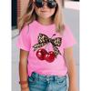 Summer Fruit Cherry Bow Print Kids T-Shirt Polyester Casual Girls Short Sleeve Shirts Casual Sports Fashion Children's Clothes Tees