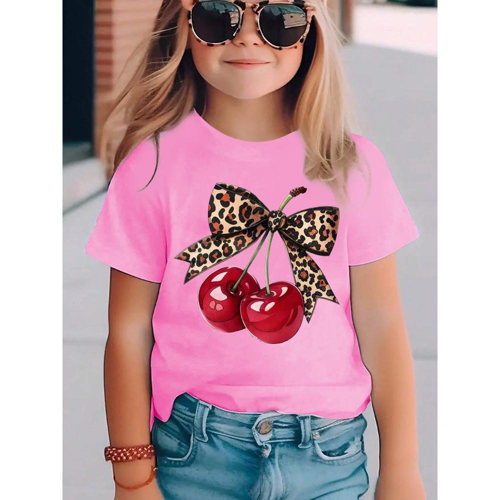 Summer Fruit Cherry Bow Print Kids T-Shirt Polyester Casual Girls Short Sleeve Shirts Casual Sports Fashion Children's Clothes Tees