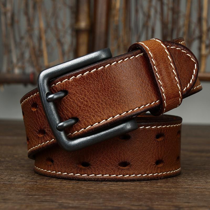 Belt Men's Retro Trendy All-Match Italian First Layer Cowhide Double Pin Buckle Genuine Leather Jeans Belt
