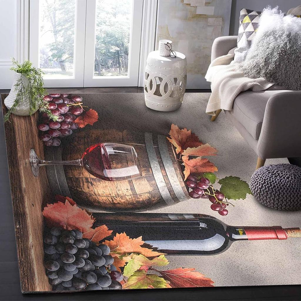 Grape Wine Washable Area Rugs Barrel Maple Leaf Vintage Country Non Slip Rugs for Living Room Bedroom, Low Pile Floor Mat Large