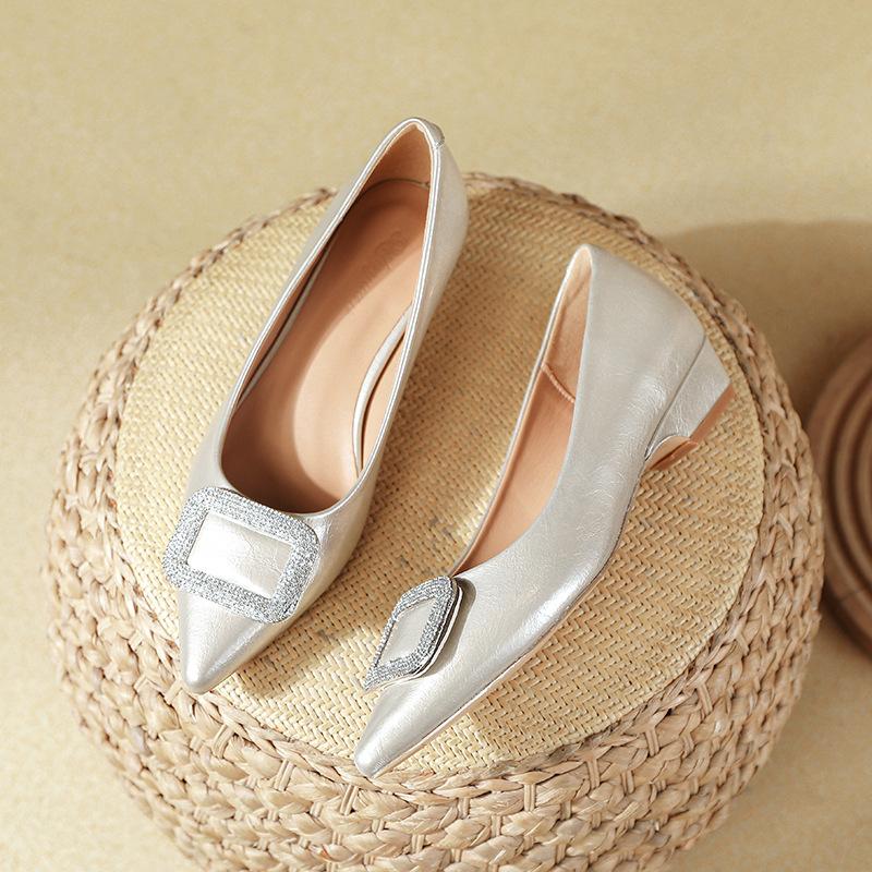 French Pointed Single Shoes Women's Thick Heel 2025 New Spring and Autumn Huizhou Women's Shoes Are Not Tired of Feet Soft Leather Shallow Low Heels