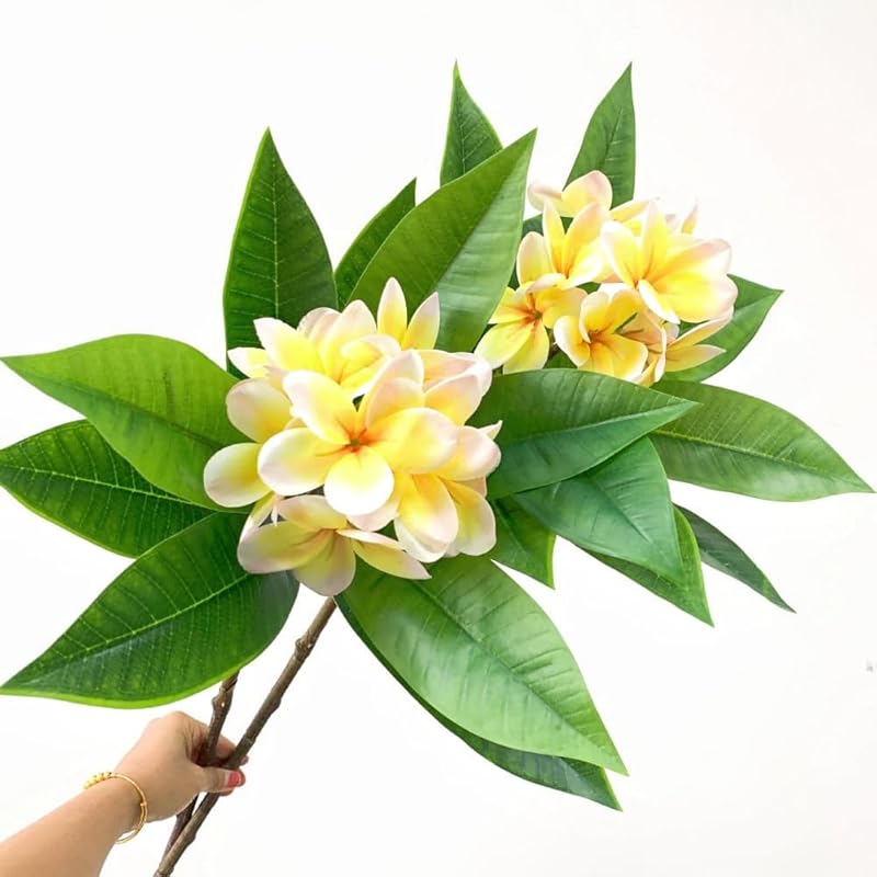 XIYUAN 35.5 Inch Artificial Flowers Artificial Frangipani Flower 2 Stems Lifelike Real Touch Artificial Plumeria Flowers for Home Party Wedding