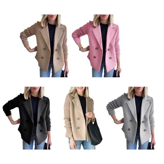 Dámský vlněný dvouřadý kabát s klopami, žebrovaný úplet, dlouhý rukáv, krátké sako, podzimní svrchní kabát