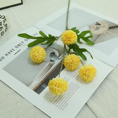 5 Heads Dandelion Artificial Flowers Green Leaves Multicolor Faux Ball Chrysanthemum Desktop Ornament Bridal Bouquet