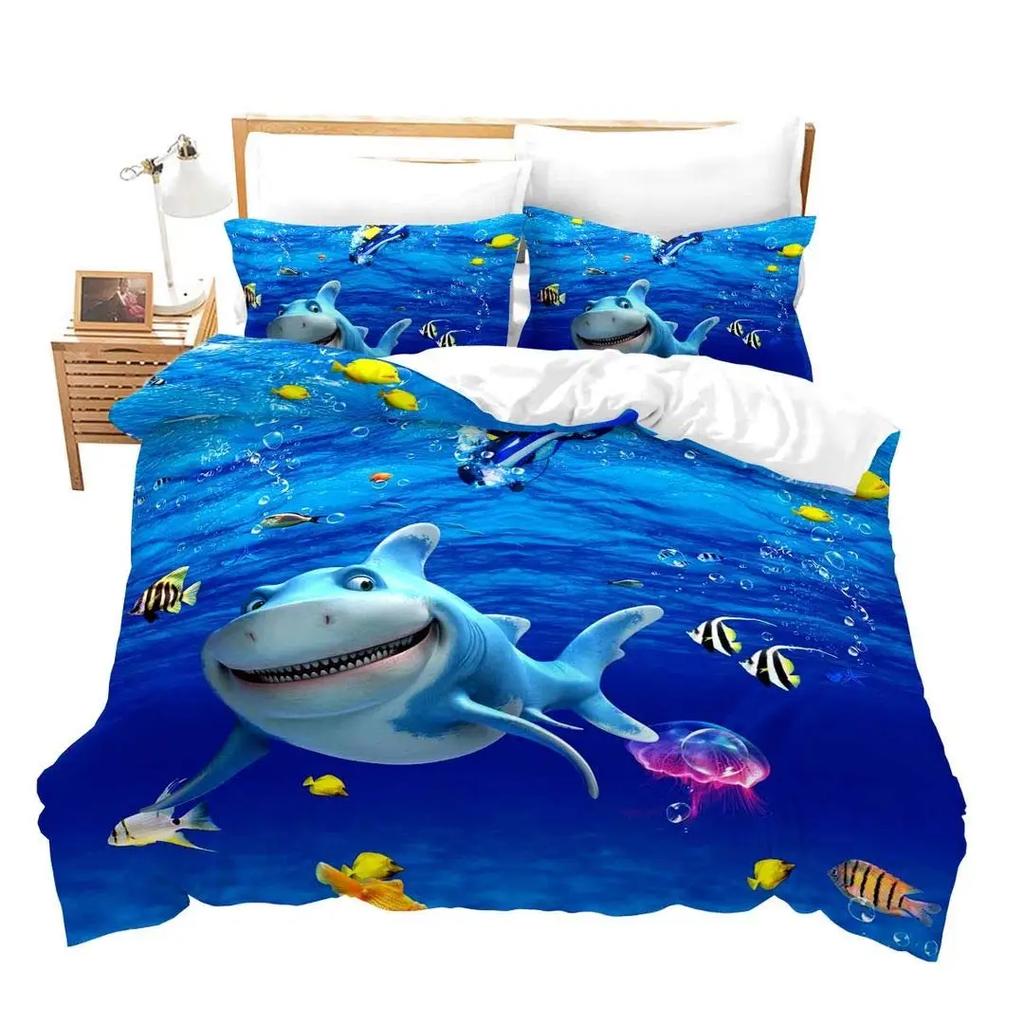 Shark Duvet Cover Ocean Watercolor Fish Quilt Cover Sea Animal Marineland Theme Decoration Bedding For Children Boys Girls Gifts