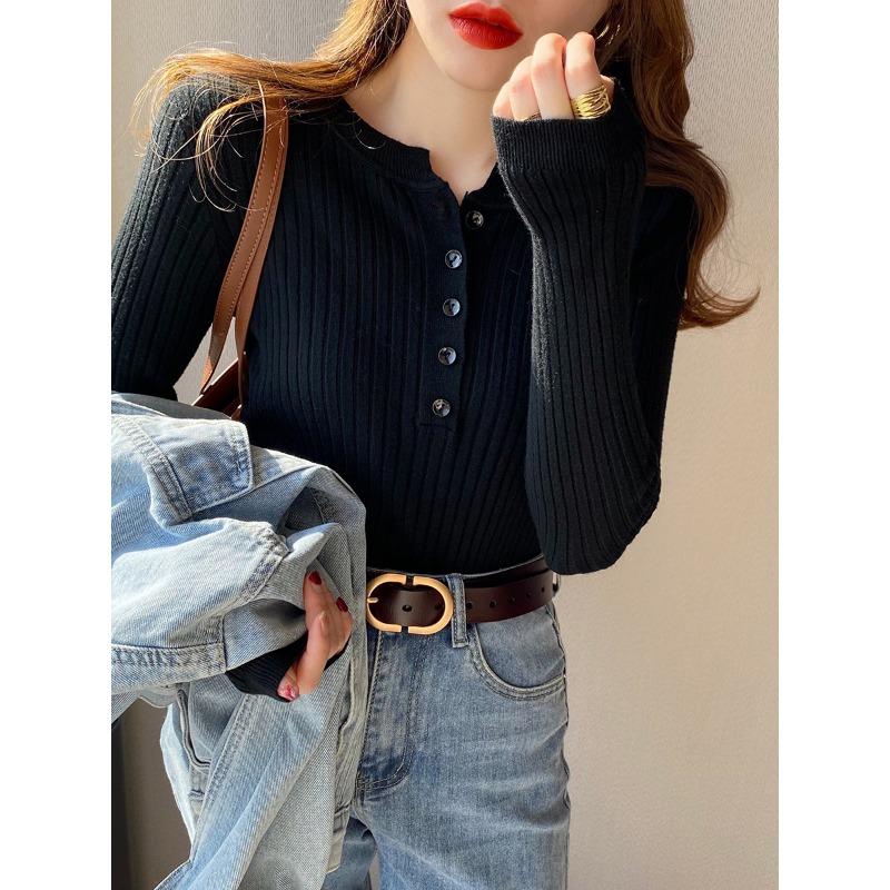 Fashion Crew Neck Knitted Women Pullover Sweater Autumn and Winter Long Sleeve Slim Fit Inner Bottoming Shirt Office Elegant Buttons Tops Clothing