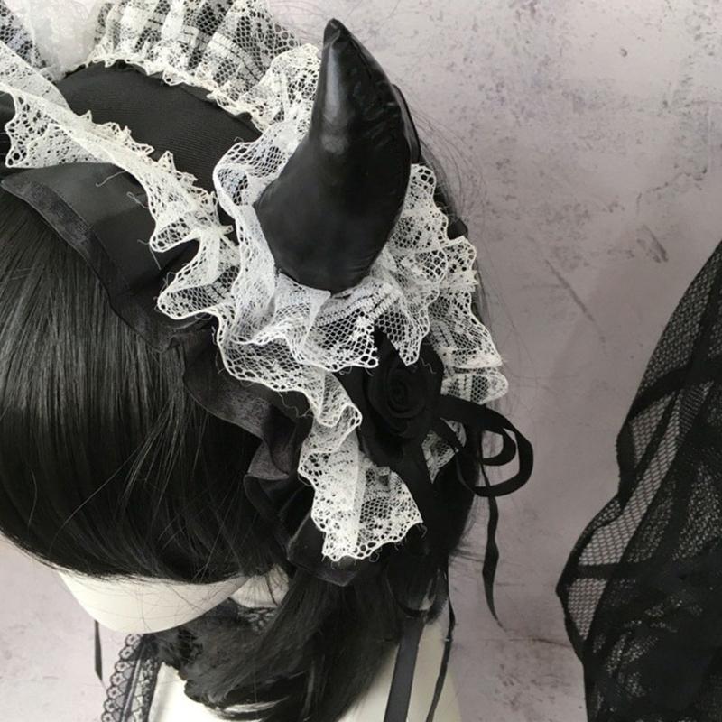 Devil Horn Headband Headpiece Gothic Lace Hairband Gothic Costume Accessories For Women Halloween Cosplay Music Festival