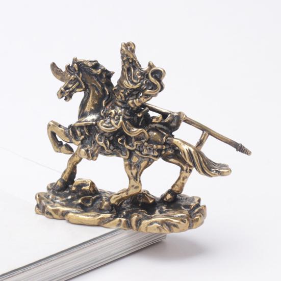 Brass General Figurine Retro Guan Yu On War Horse Statue Distressed Desktop Sculpture Collectible