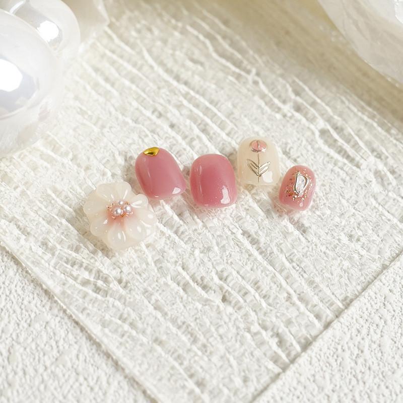 100% unghii false rotunde, scurte, cu adeziv, unghii false, pictate manual, lalele, flori 3D, roz, alb, cerc pătrat scurt, acrilic, apăsați pe unghiile false