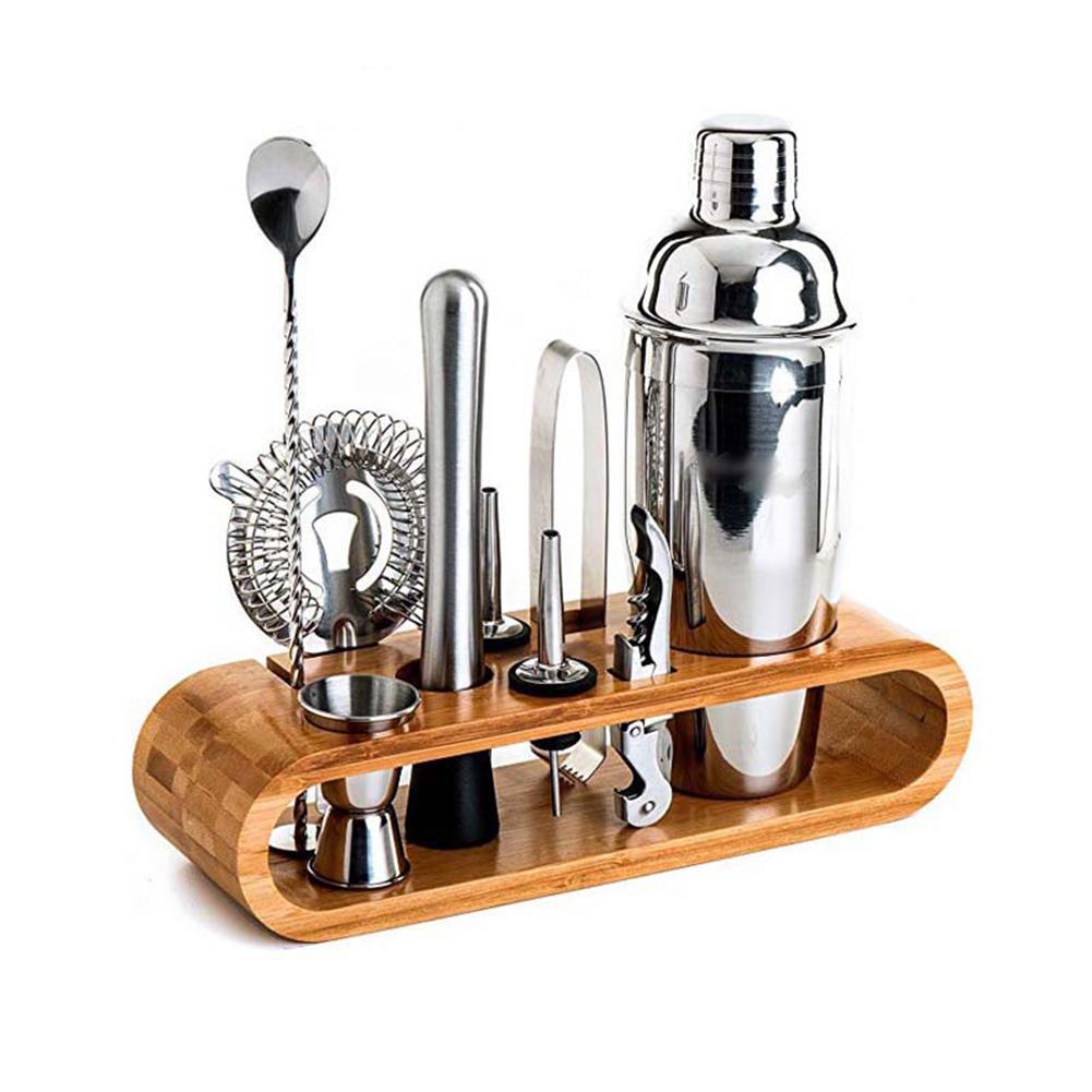 9 Pcs/set Stainless Steel Cocktail Shaker Set With Bamboo Base Storage Exquisitely Wear resistant Perfect Home Bartending Kit 750ML