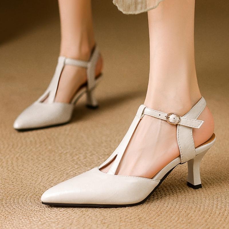 Elegant Women's Sandals Summer Shoes 2025 T-strap Close Point toe Apricot Beige High Heels Dress Shoes Ladies Designer Big Size