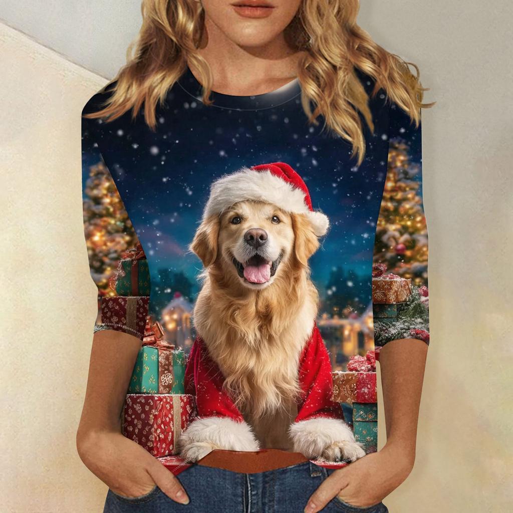 Dámské módní a ležérní top s tříčtvrtečním rukávem a vánočním potiskem s kulatým výstřihem