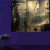 2D Medieval Sailing Vessel Tapestry, Nautical Port Scene Backdrop for Bedroom