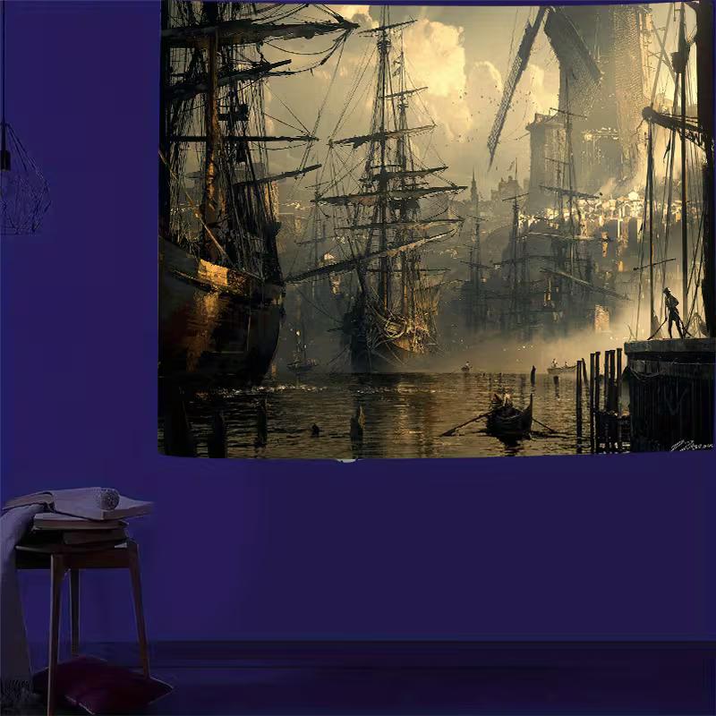 2D Medieval Sailing Vessel Tapestry, Nautical Port Scene Backdrop for Bedroom